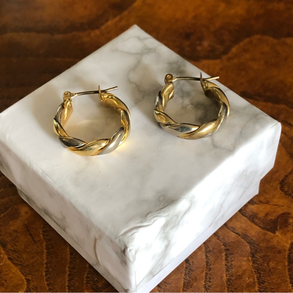 Vintage tri-tone silver and gold tone twisted hoop earrings